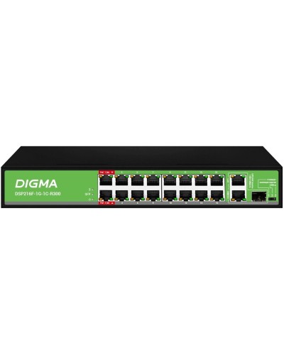 DSP216F-1G-1C-R300 (L2) 16х100Мбит/с 1х1Гбит/с 1хКомбо(1000BASE-T/SFP) 16PoE 16PoE+ 2PoE++ 300W. Коммутатор с питанием по PoE. Digma в Норильске