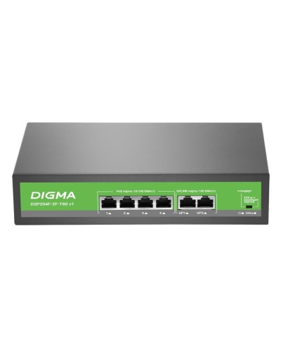 DSP204F-2F-T80 DSP204F-2F-T80 V1 (L2) 6х100Мбит/с 4PoE 4PoE+ 80W. Коммутатор с питанием по PoE. Digma в Норильске