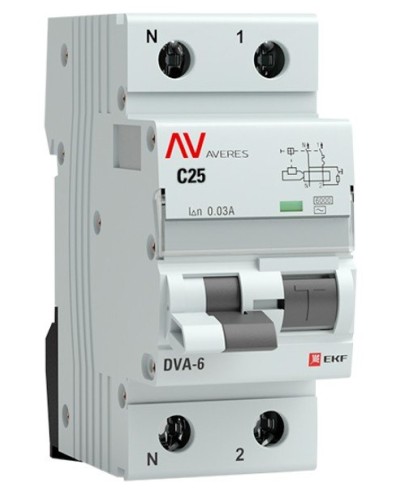 DVA-6 1P+N 25А (C) 30мА (AC) 6кА  AVERES (rcbo6-1pn-25C-30-ac-av). Автоматический выключатель дифференциального тока. EKF в Норильске