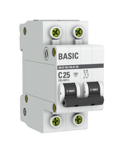 Автоматический выключатель 2P 25А (C) 4,5кА ВА 47-29 Basic (mcb4729-2-25C). Автоматический выключатель. EKF в Норильске
