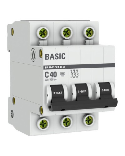 Автоматический выключатель 3P 40А (C) 4,5кА ВА 47-29 Basic (mcb4729-3-40C). Автоматический выключатель. EKF в Норильске
