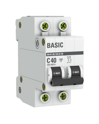 Автоматический выключатель 2P 40А (C) 4,5кА ВА 47-29 Basic (mcb4729-2-40C). Автоматический выключатель. EKF в Норильске