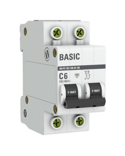 Автоматический выключатель 2P 6А (C) 4,5кА ВА 47-29 Basic (mcb4729-2-06C). Автоматический выключатель. EKF в Норильске