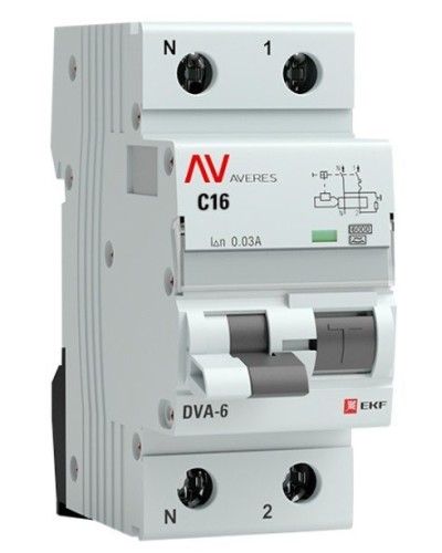 DVA-6 1P+N 16А (C) 30мА (AC) 6кА  AVERES (rcbo6-1pn-16C-30-ac-av). Автоматический выключатель дифференциального тока. EKF в Норильске