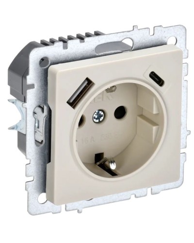 Розетка с з/к с USB A+C 18Вт РЮш11-1-БрКр бежевый BRITE (BR-R14-16-U22-018-K10). Розетка с заземлением с защитными шторками, 18Вт. IEK в Норильске