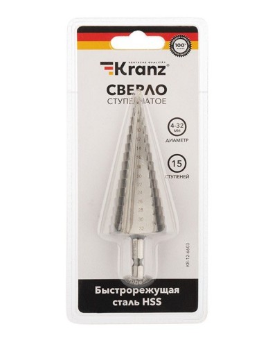 Сверло по металлу ступенчатое 4,0-32,0 мм 102 mm 62 HRC Kranz (KR-12-6603): Сверло по металлу шлифованное в Норильске