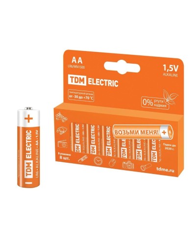 LR6 AA Alkaline 1,5V PAK-8 TDM (SQ1702-0009). Элемент питания. TDM ЕLECTRIC в Норильске